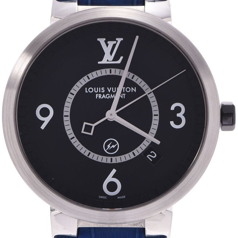 

Louis Vuitton Black Stainless Steel and Leather Tambour Q1DM1 Men's Wristwatch