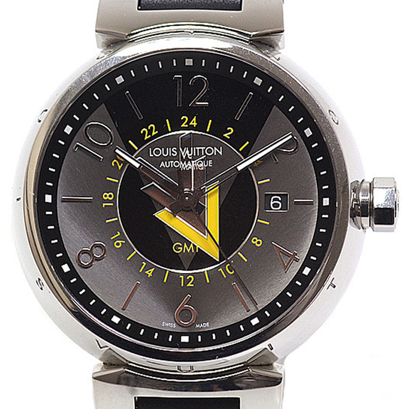 

Louis Vuitton Black/Grey Stainless Steel and Leather Tambour Q1D31 Men's Wristwatch