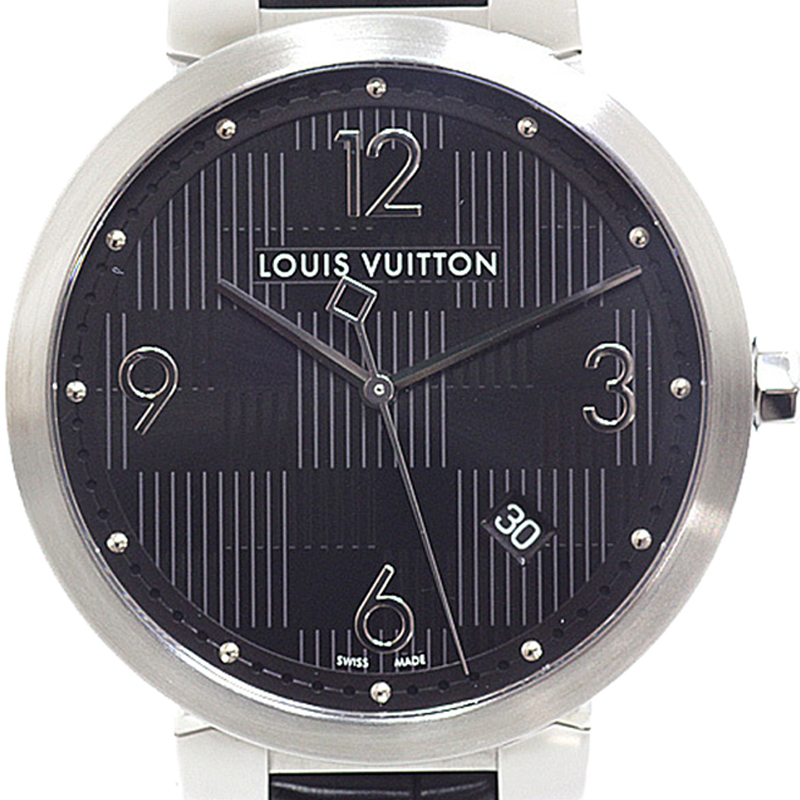 

Louis Vuitton Black Stainless Steel and Leather Tambour Quartz Q1D00 Men's Wristwatch