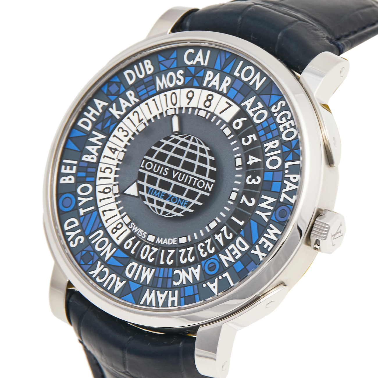 

Louis Vuitton Blue Stainless Steel Alligator Escale Timezone Q5D22 Men's Wristwatch