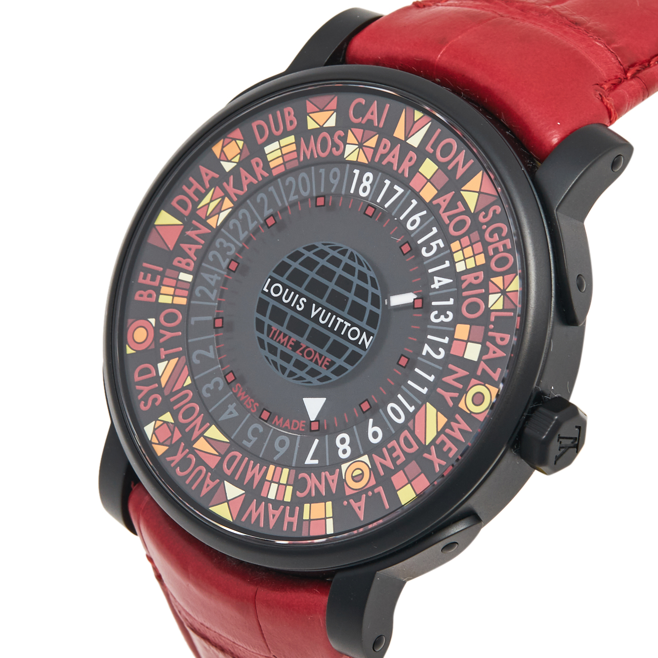 

Louis Vuitton Multicolor Black PVD Coated Stainless Steel Alligator Escale Time Zone Q5D23 Limited Edition Men's Wristwatch, Red