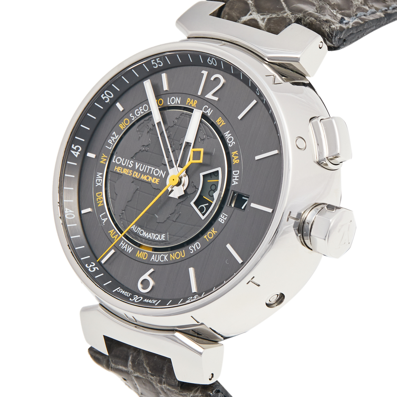 

Louis Vuitton Grey Stainless Steel Alligator Tambour World Time Q1055 Men's Wristwatch