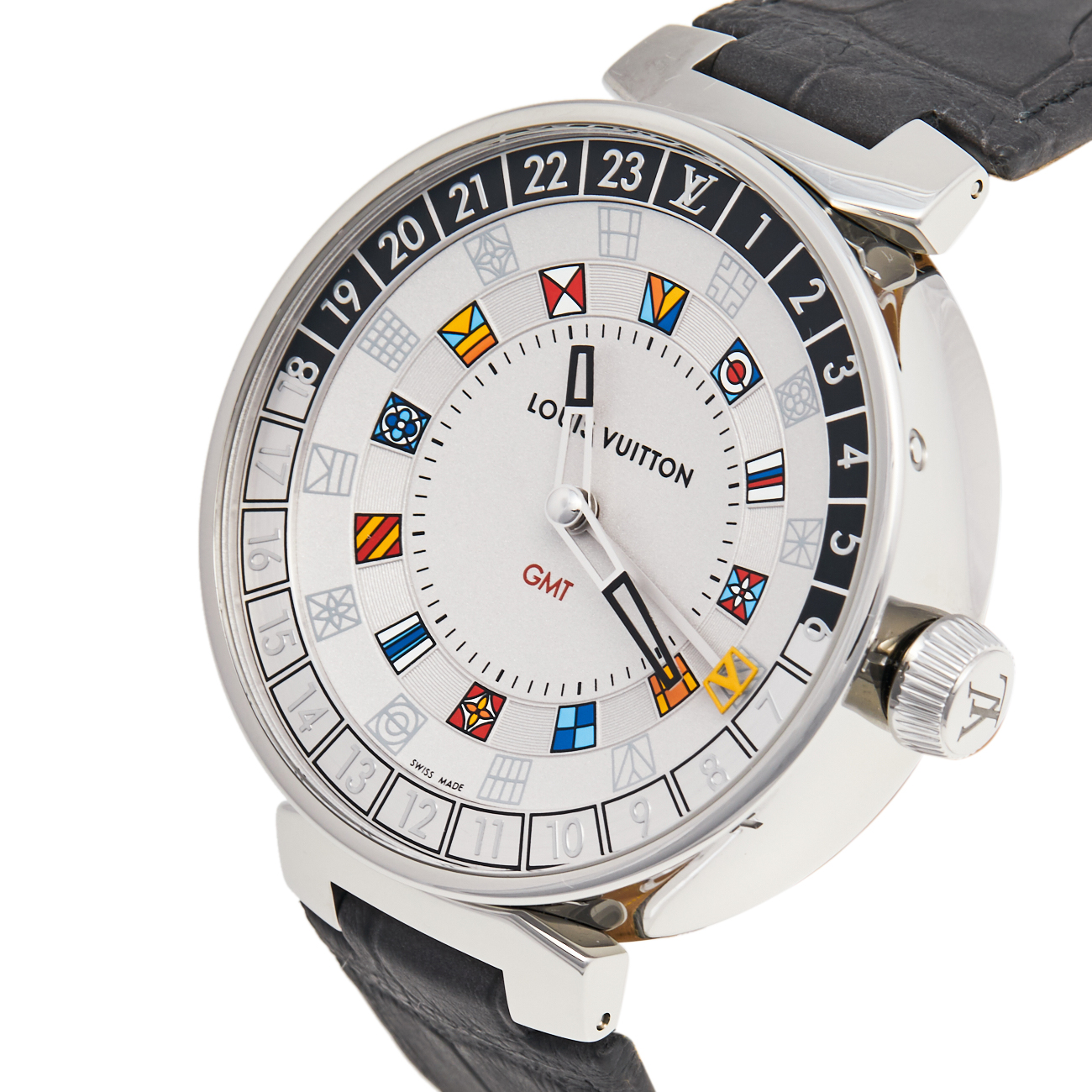 

Louis Vuitton Silver Stainless Steel Alligator Tambour Moon Dual Time QA096 Men's Wristwatch, Grey