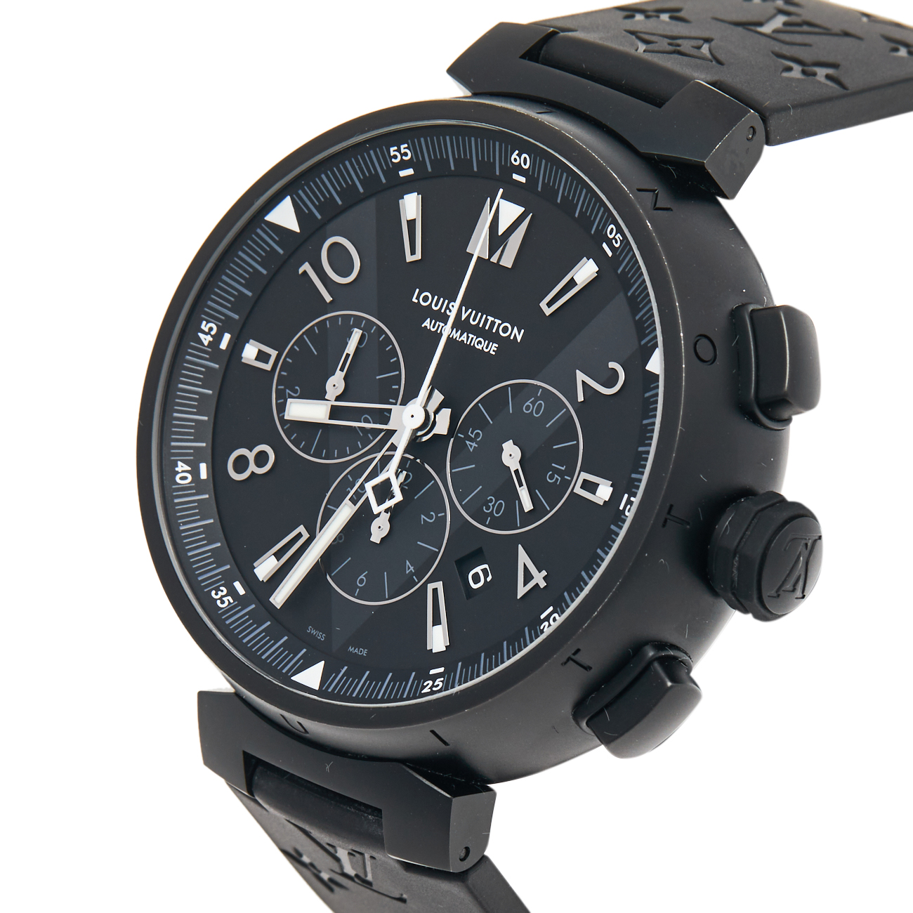 

Louis Vuitton Black PVD Coated Stainless Steel Rubber Tambour Chronograph Q1A62 Men's Wristwatch