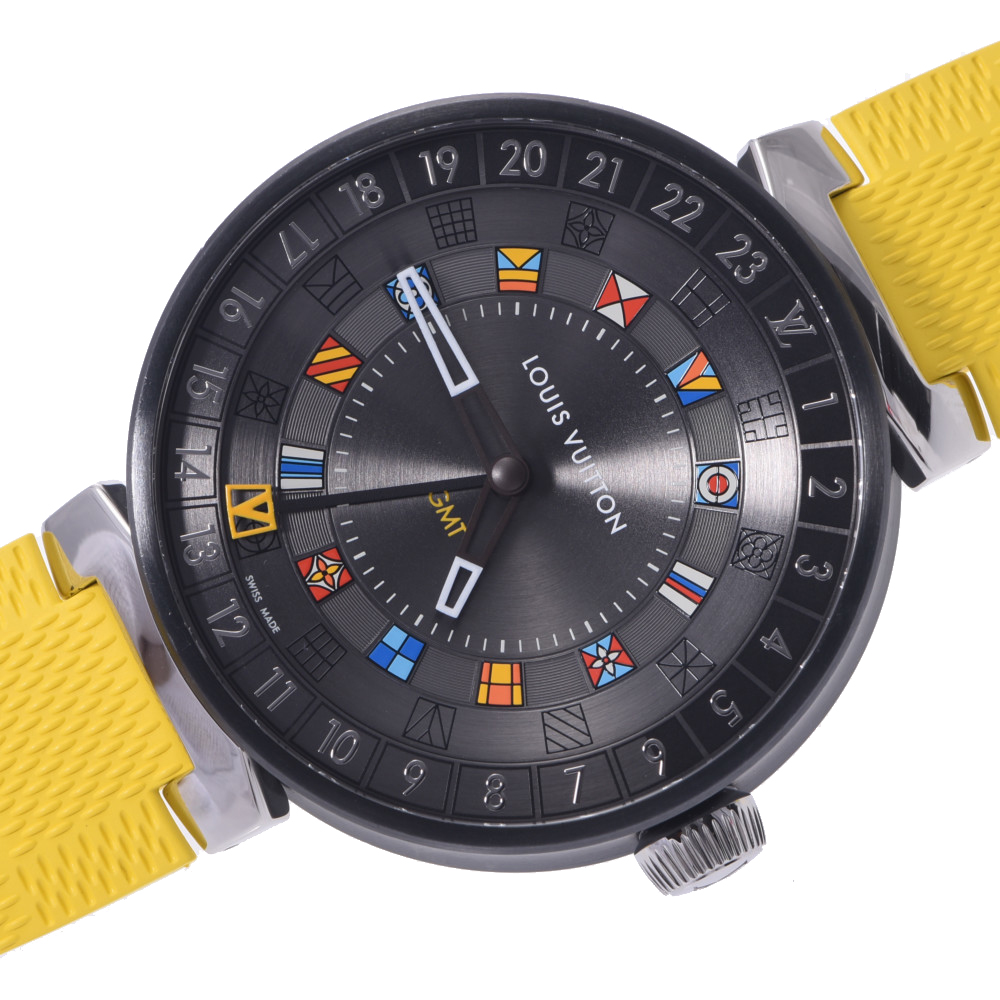 

Louis Vuitton Grey Stainless Steel Tambour GMT Moon Dual Time QA097 Quartz Men's Wristwatch 44 MM