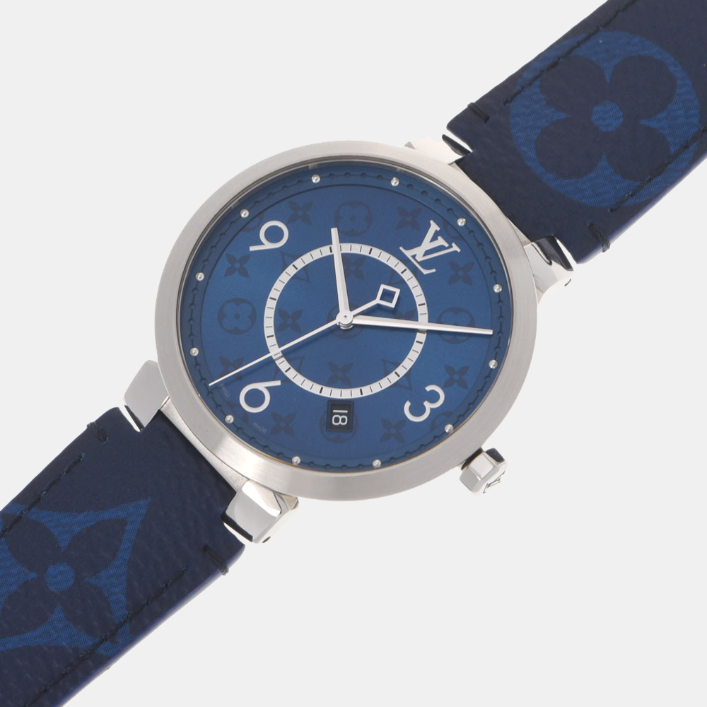 

Louis Vuitton Blue Stainless Steel Tambour Monogram QA150Z Quartz Men's Wristwatch 39 mm