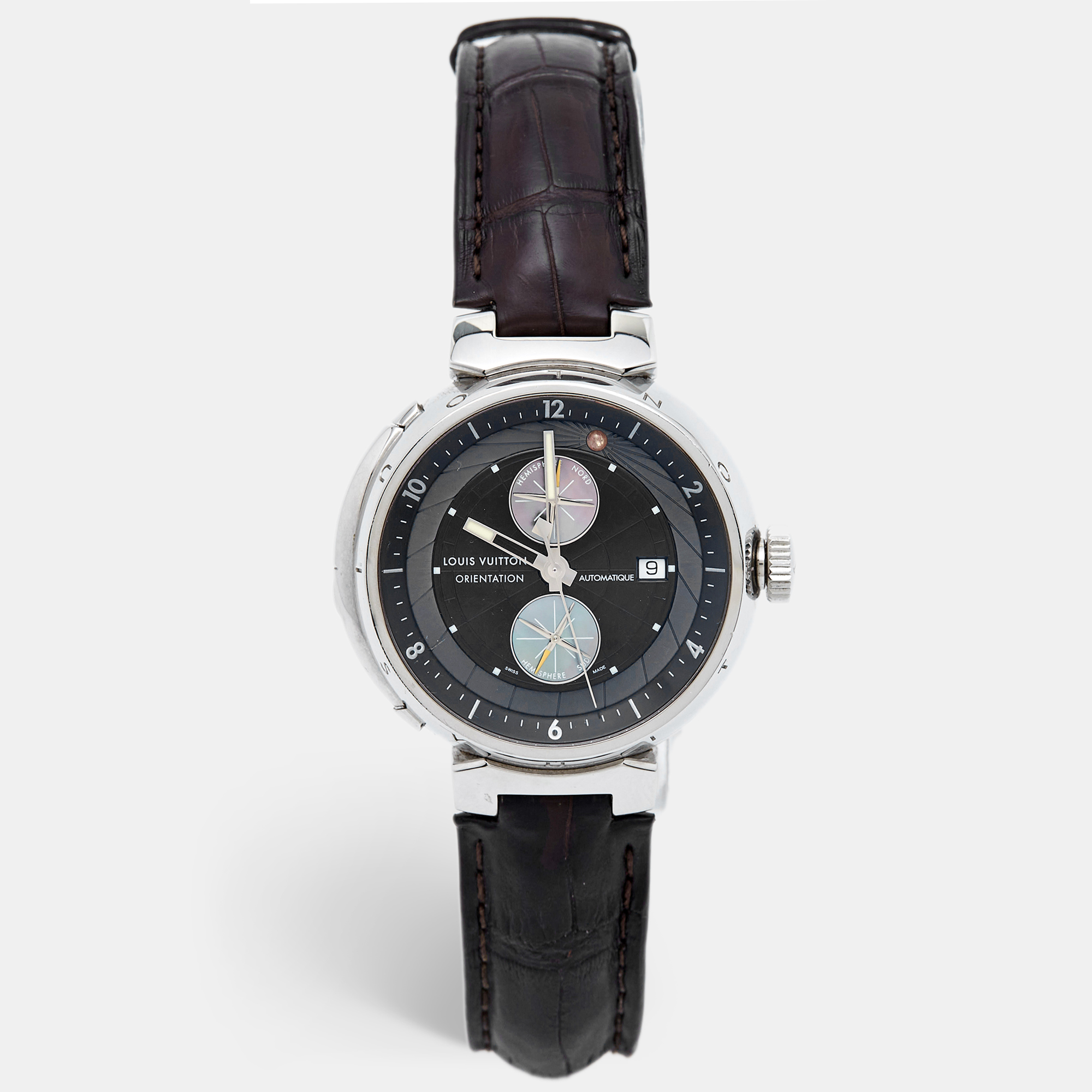 

Louis Vuitton Brown Stainless Steel Alligator Tambour Q10A1 Automatic Men's Wristwatch