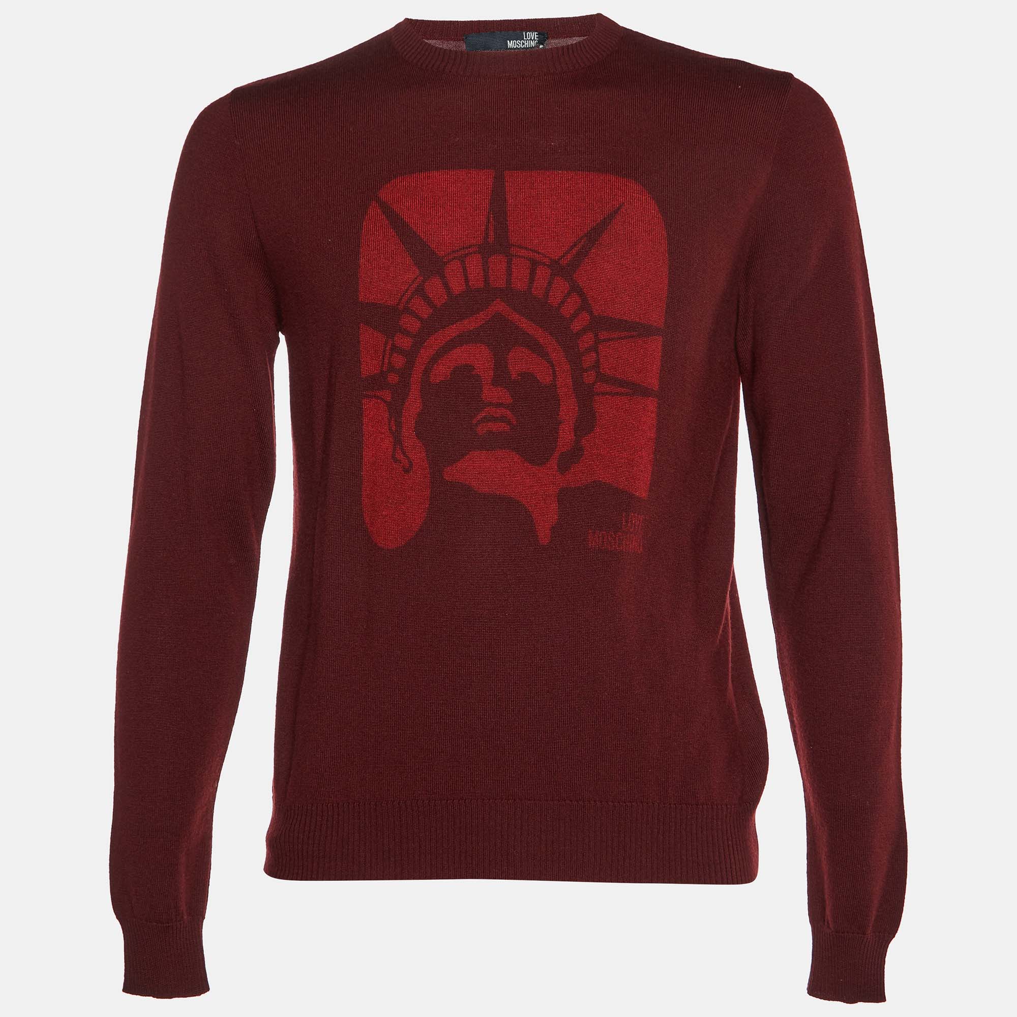 

Love Moschino Maroon Statue of Liberty Print Wool Knit Sweater L, Burgundy