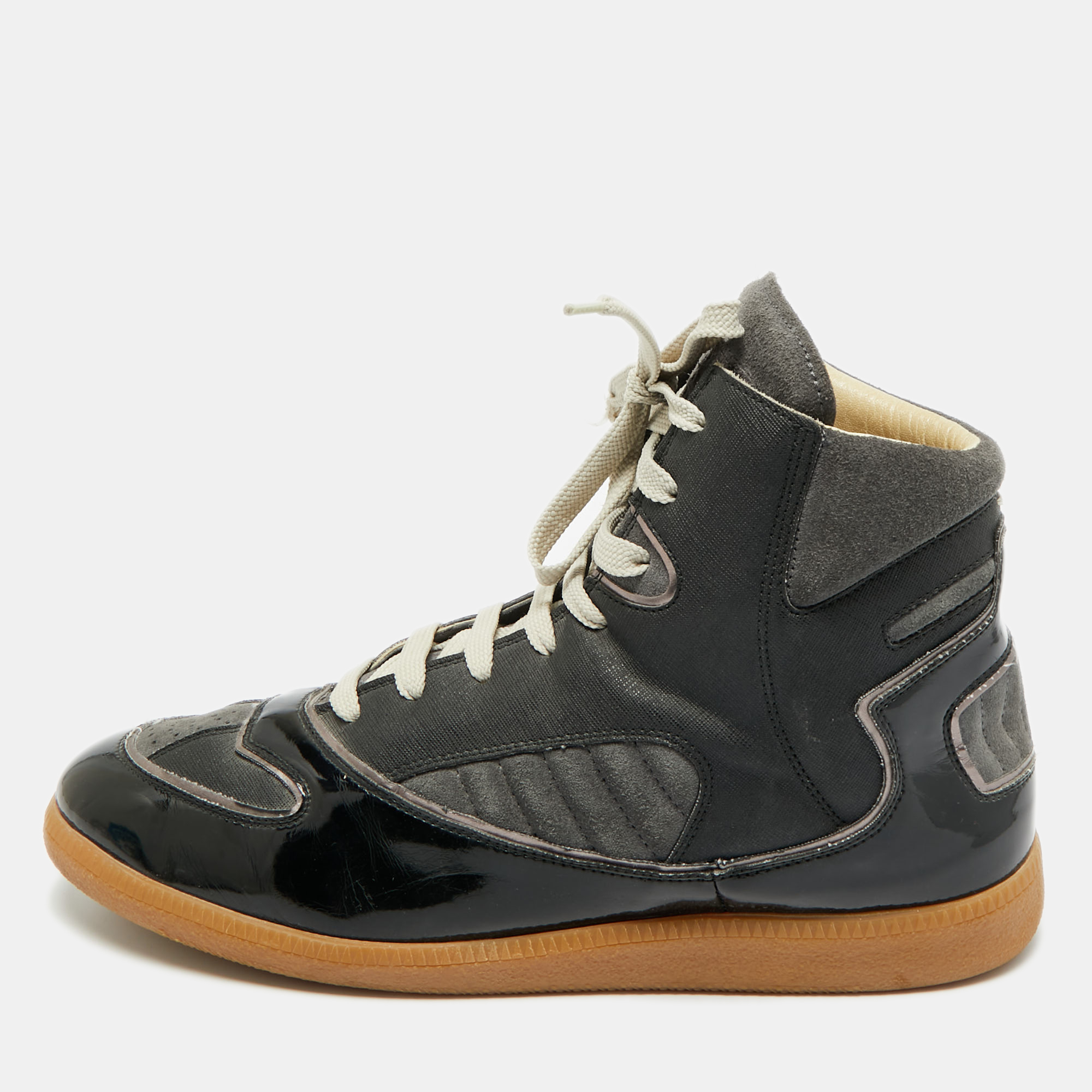 

Maison Martin Margiela Size  Black Patent Leather and Suede High Top Sneakers