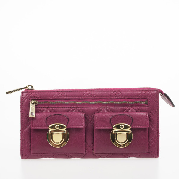 Pre Owned Marc Jacobs Fuchsia Quilted Leather Double Pocket Zip Wallet