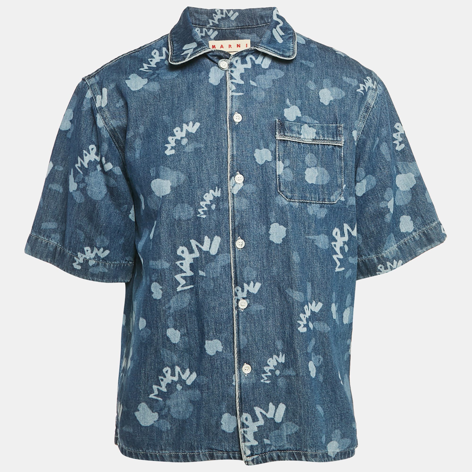 

Marni Blue Logo Bleached Denim Short Sleeve Shirt M