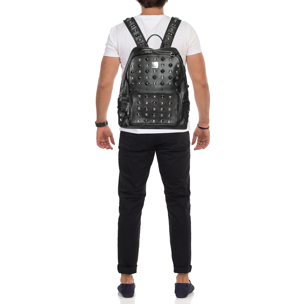 

MCM Black Visetos Coated Canvas and Leather Studded Front Pocket Backpack