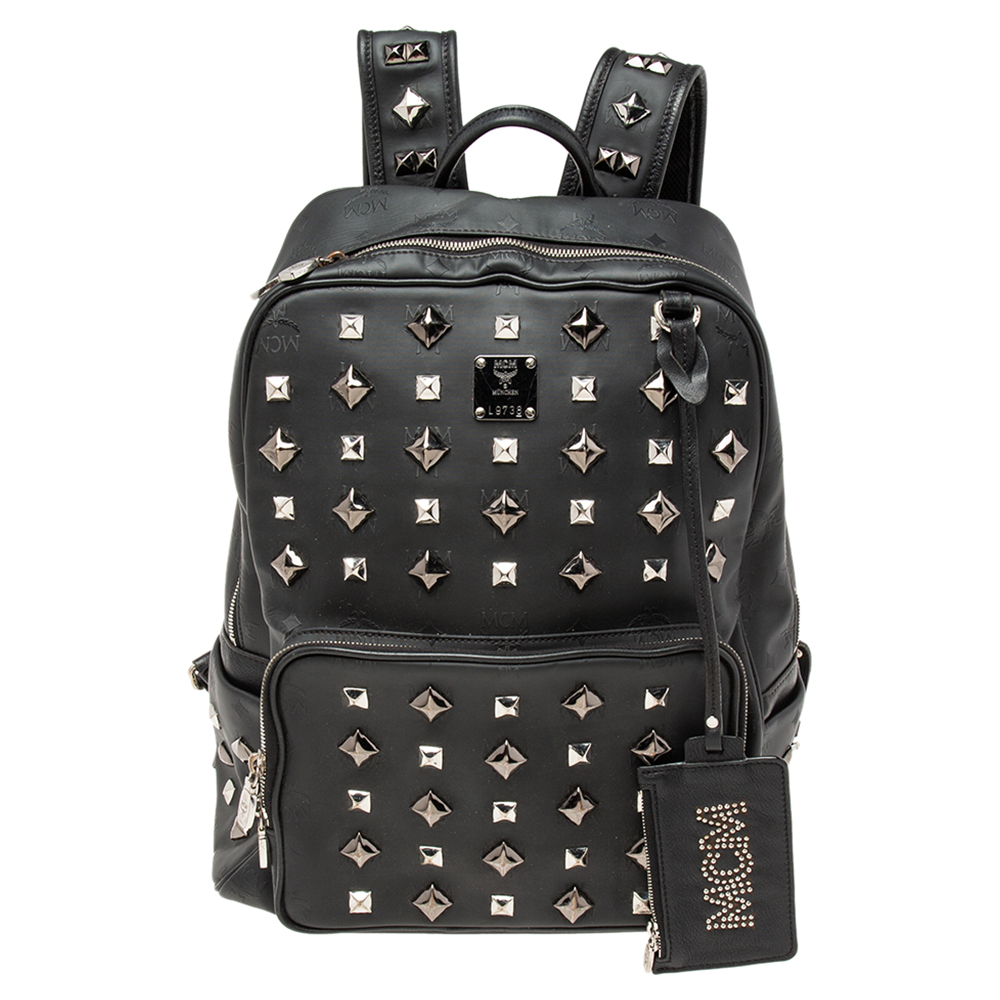 Pre-owned Mcm Black Visetos Coated Canvas And Leather Studded Front Pocket Backpack