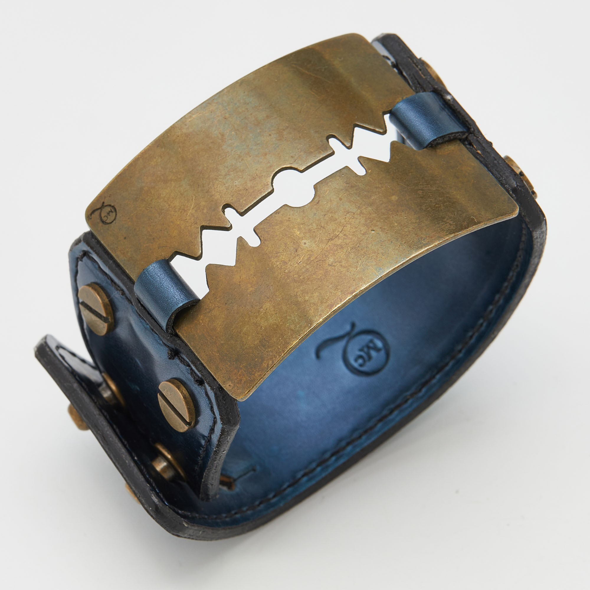 

McQ by Alexander McQueen Razor Blade Blue Metallic Leather Wrap Bracelet