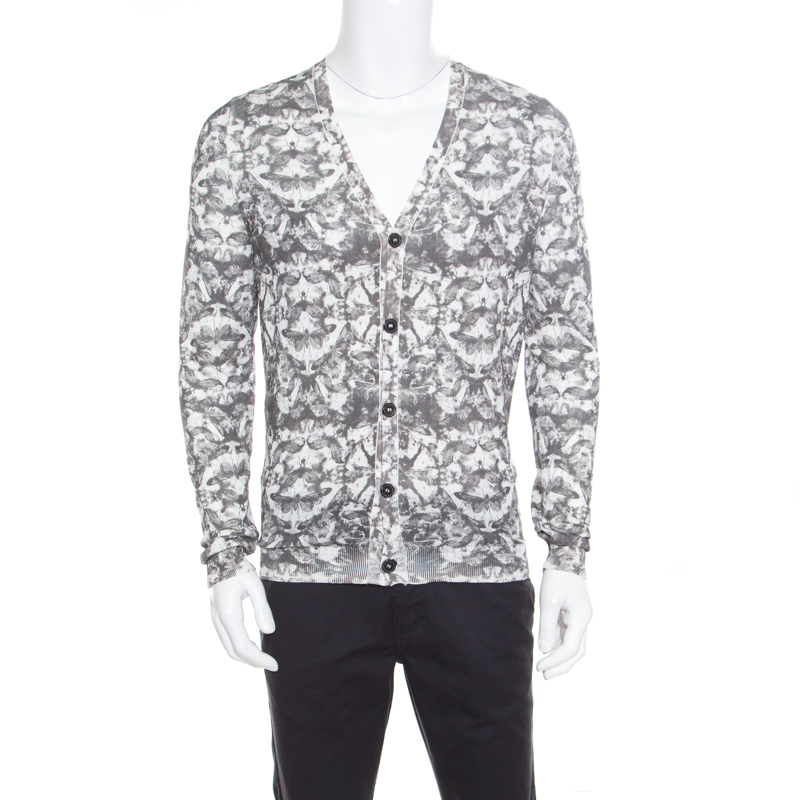 Pre Owned كارديغان أم سي كيو باي أليكساندر ماكوين قطن بنقوش ذباب رصاصي فاتح L