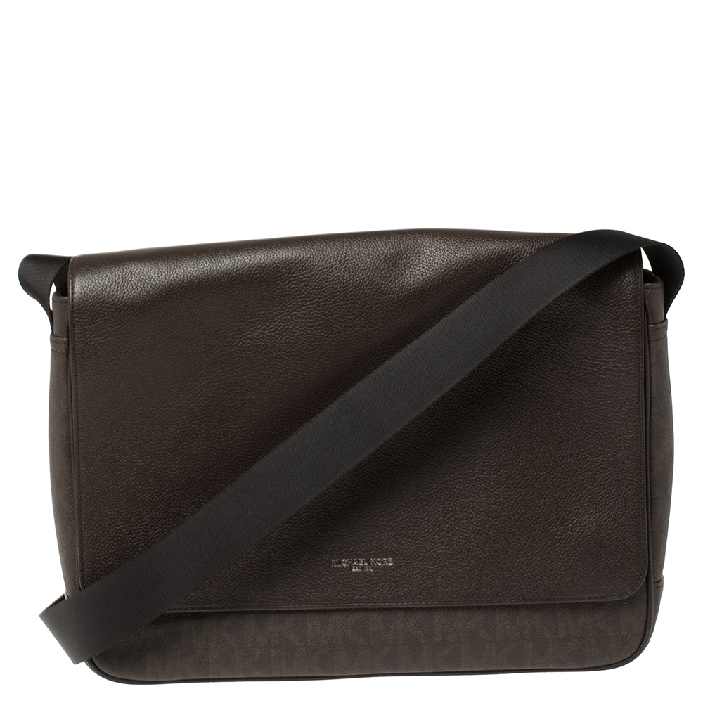 Michael Kors Brown Signature Coated Canvas and Leather Jet Set Messenger Bag