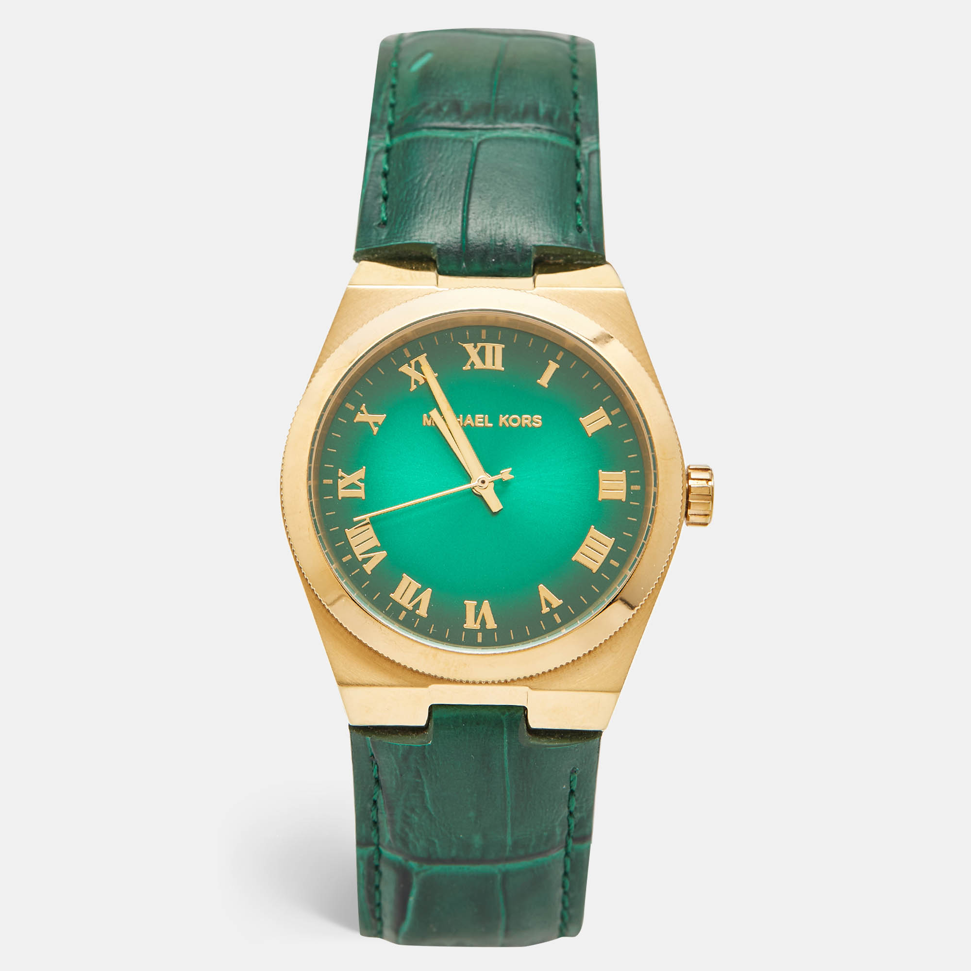 Pre-owned Michael Kors Green Gold Plated Stainless Steel Leather Channing Mk2356 Unisex Wristwatch 38 Mm