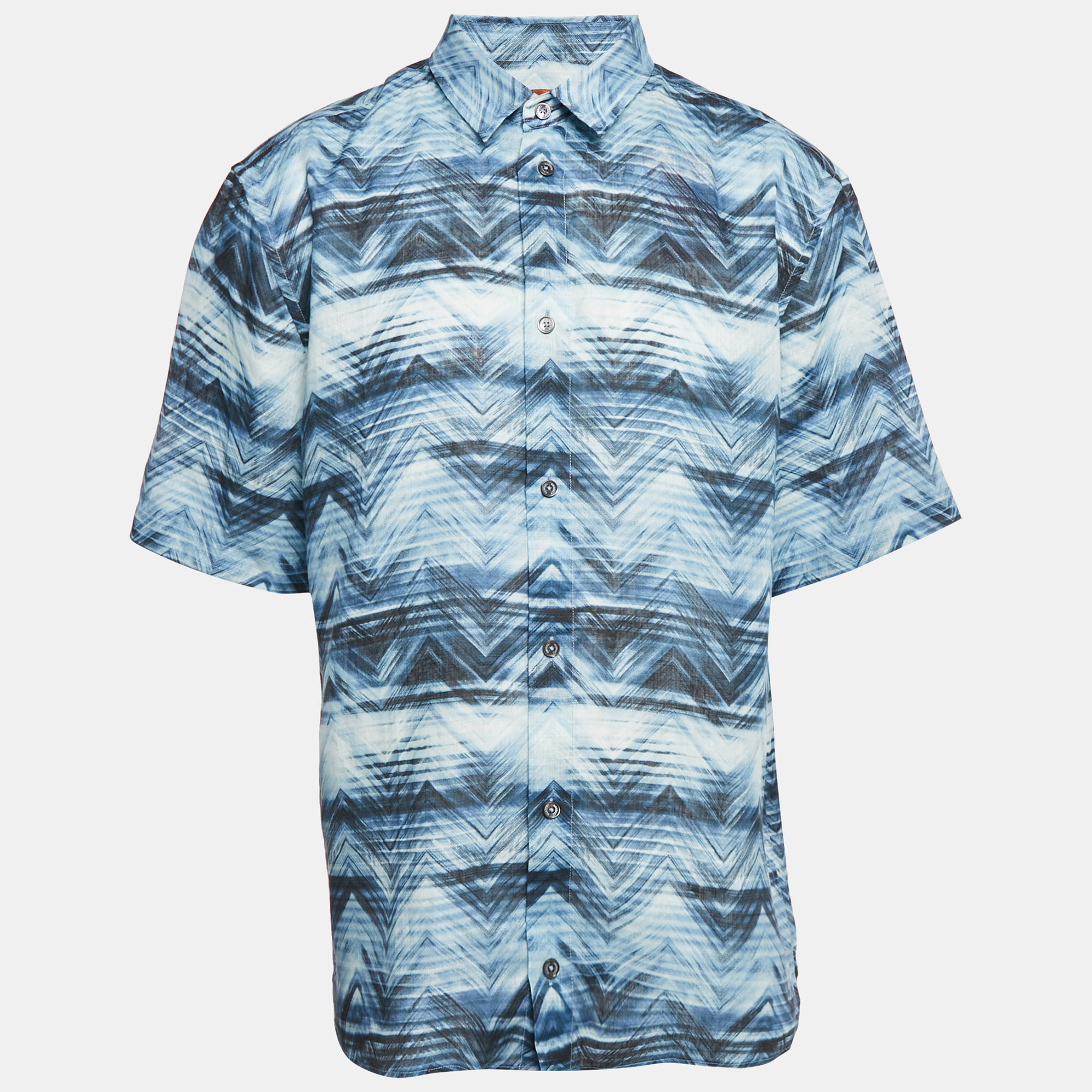 

Missoni Blue Macro Chevron Print Linen Short Sleeve Button Front XL