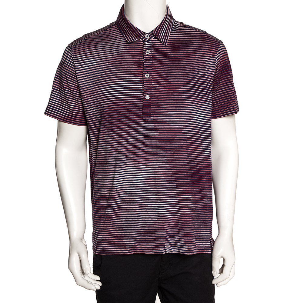 Pre Owned Missoni Red & Navy Blue Striped Cotton Polo T-Shirt XL