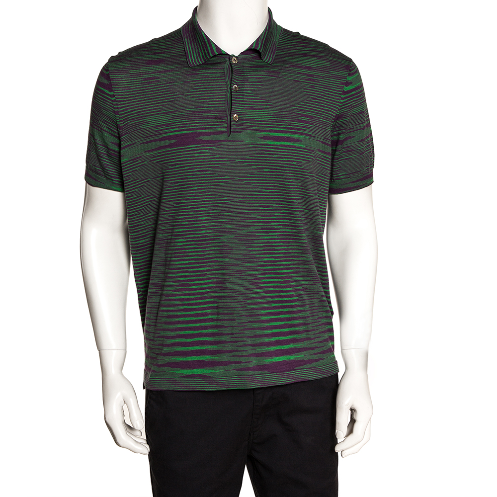 Pre Owned Missoni Green & Purple Intarsia Knit Polo T Shirt L 