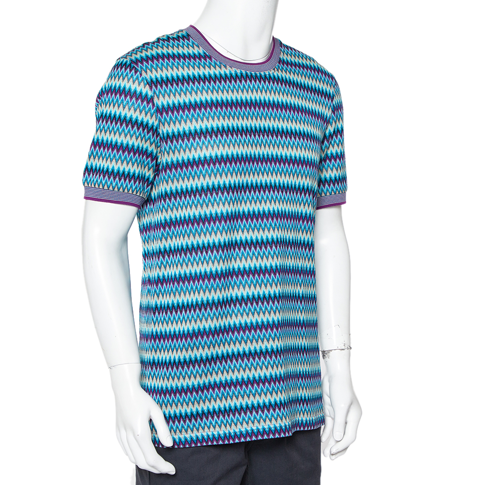 

Missoni Blue Chevron Patterned Cotton Knit Roundneck T-Shirt