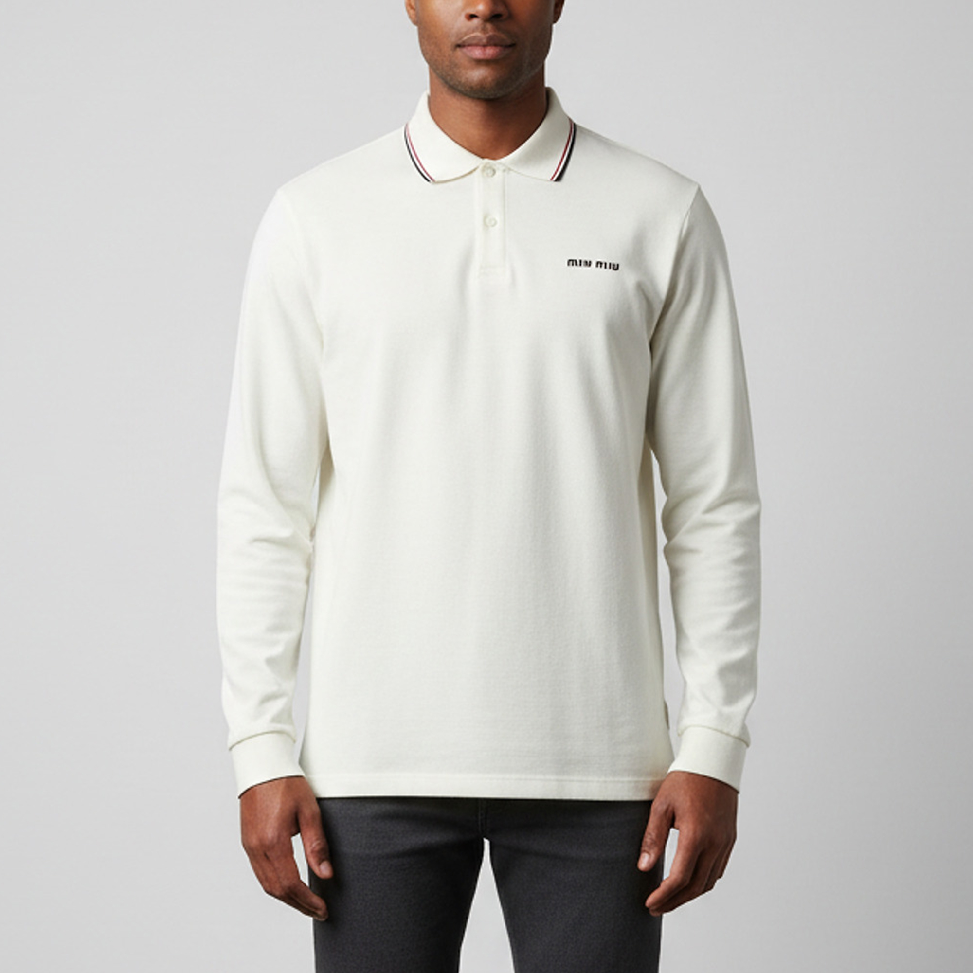 

Miu Miu White Logo Embroidered Piqué Knit Polo Long Sleeve Shirt M
