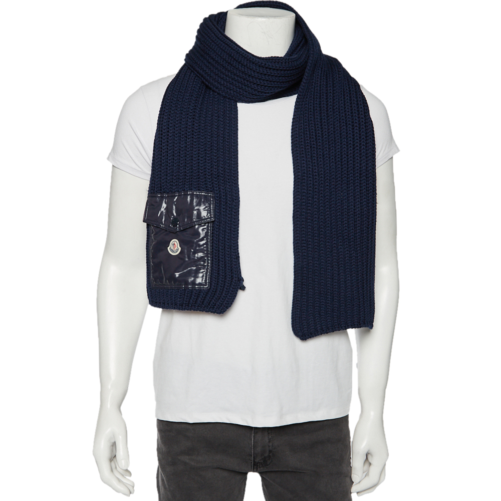 

Moncler Navy Blue Ribbed Wool & Synthetic Pocket Patch Detail Muffler
