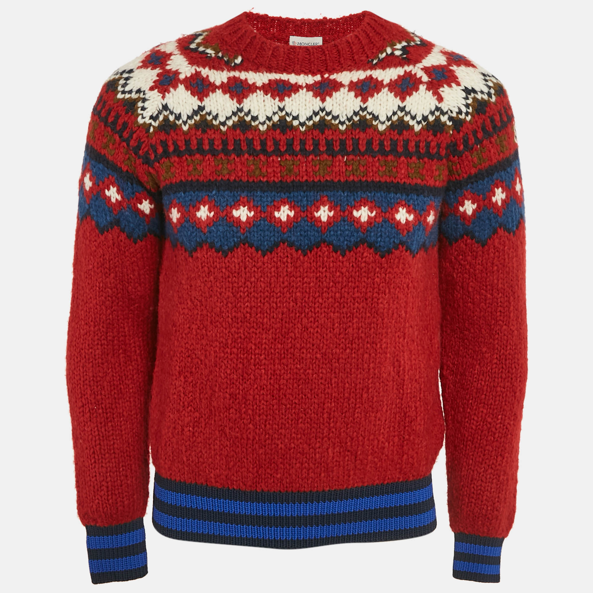 

Moncler Red/Blue Intarsia Chunky Knit Mock Neck Sweater M