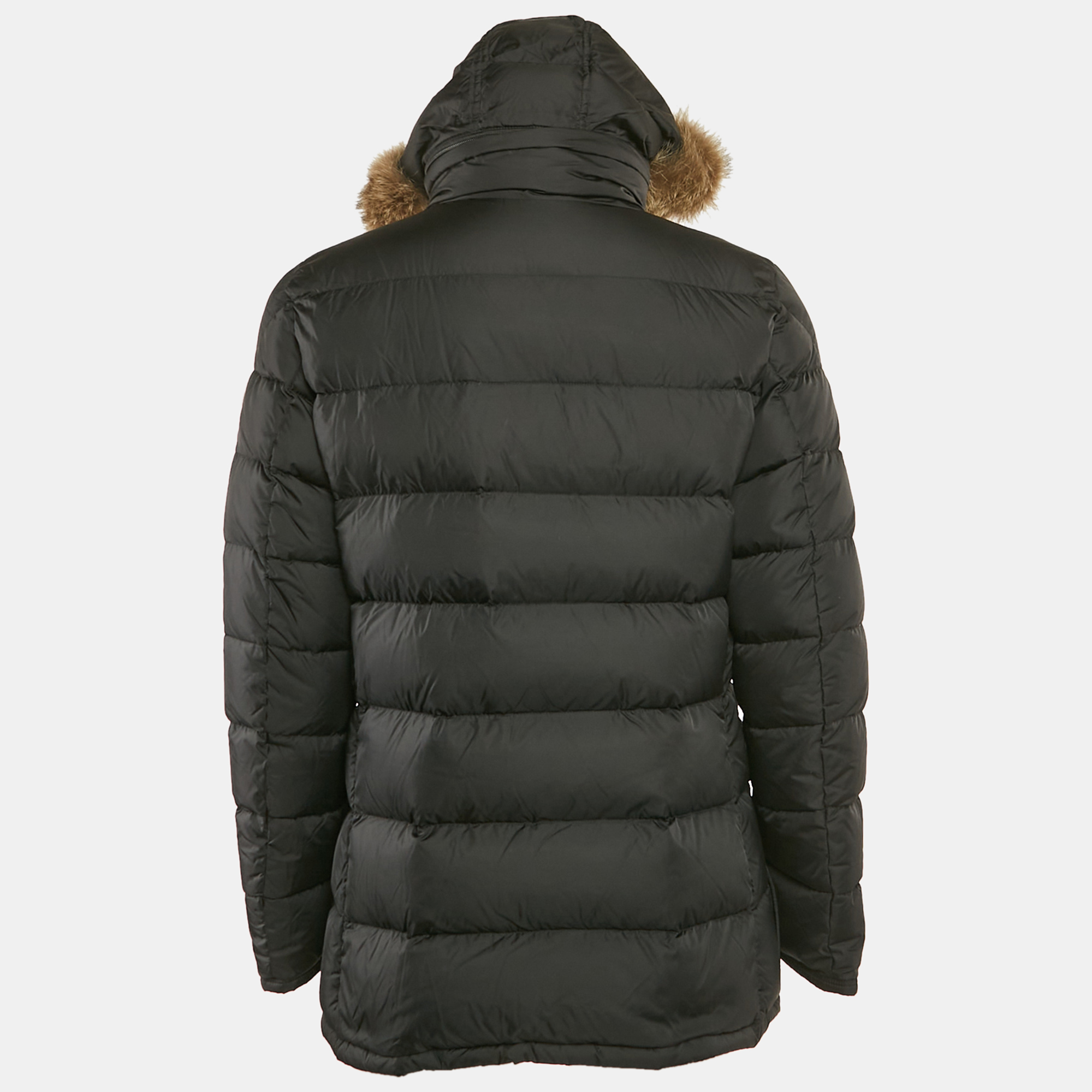 Moncler Black Real Fur Trim Nylon Hooded Down Jacket L 