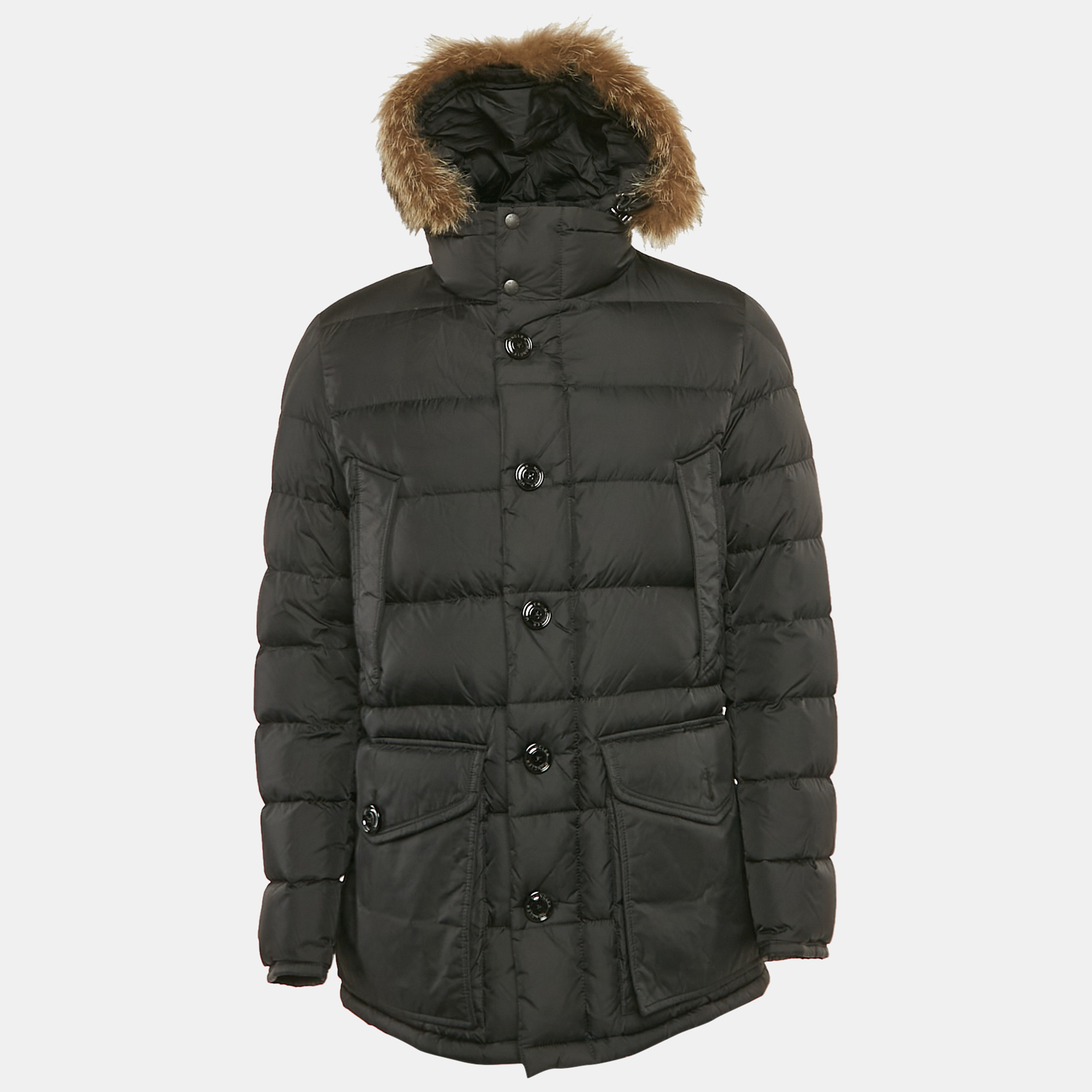 

Moncler Black Real Fur Trim Nylon Hooded Down Jacket L