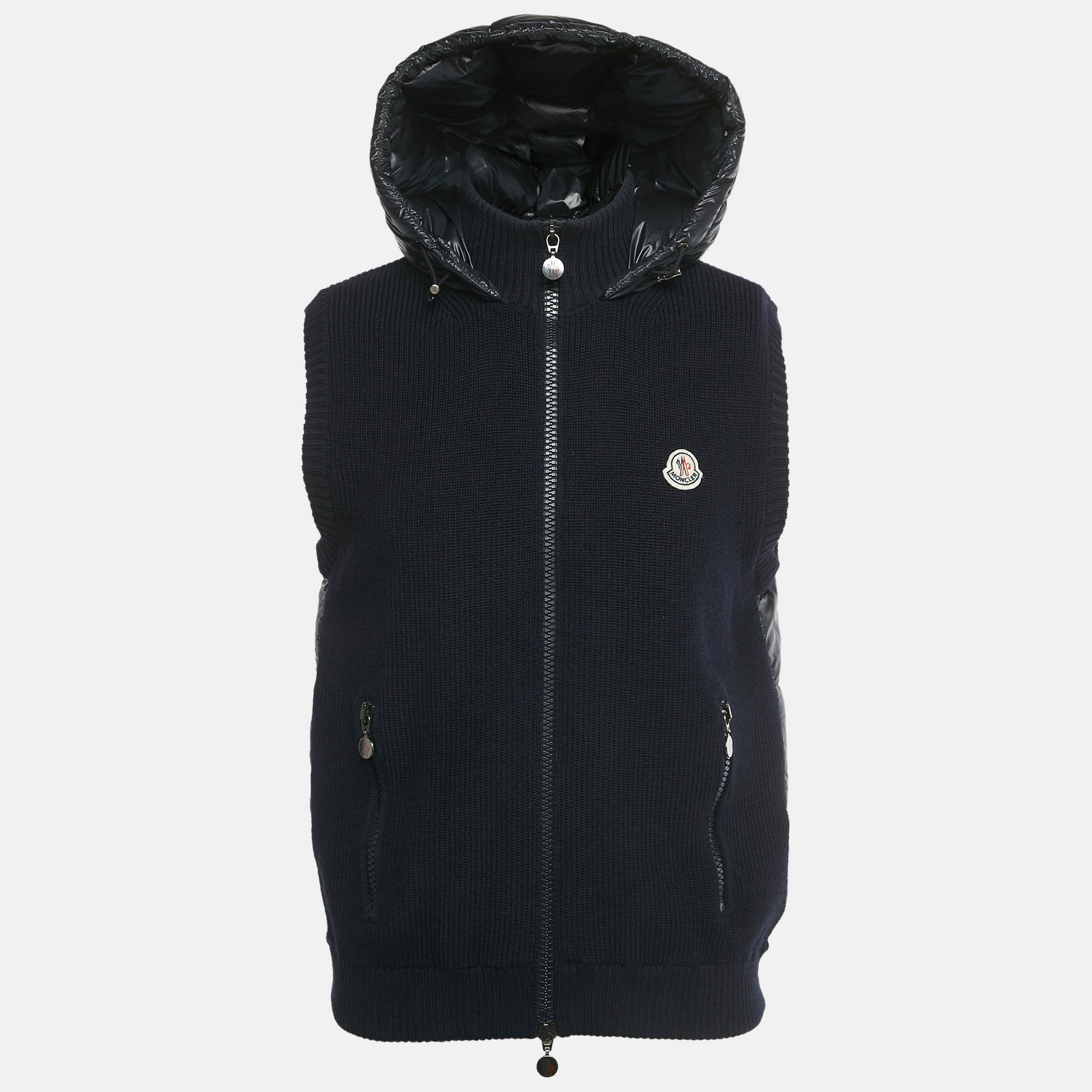 

Moncler Navy Blue Wool & Synthetic Logo Patch Hooded Down Vest