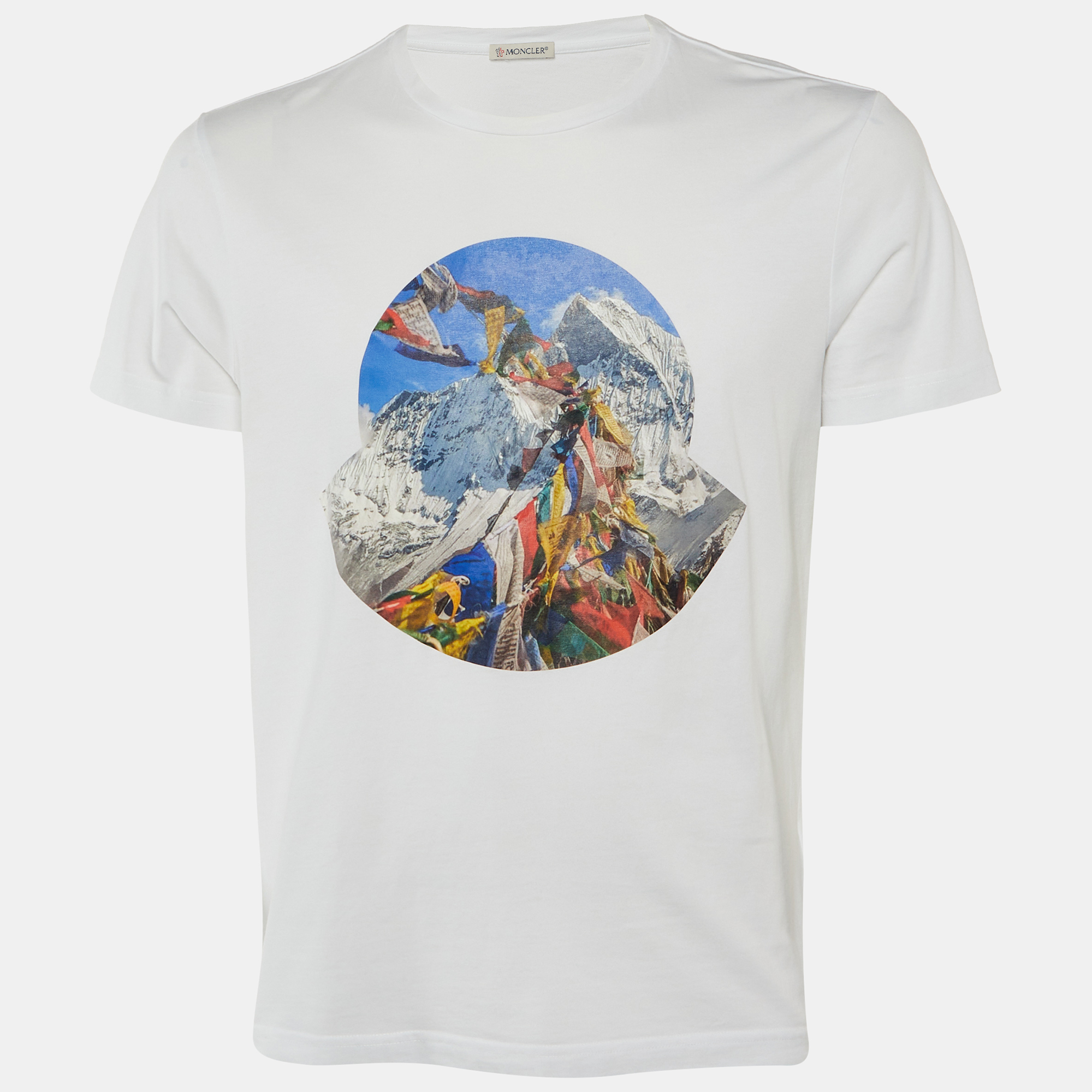 Pre-owned Moncler White Tibetan Flags Print Cotton Crew Neck T-shirt L