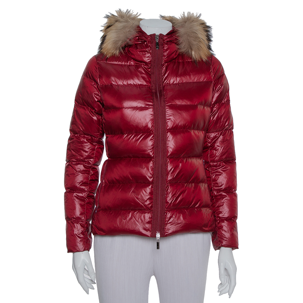 Pre-owned Moncler Burgundy Synthetic Down Fur Lined Hooded Puffer Jacket S