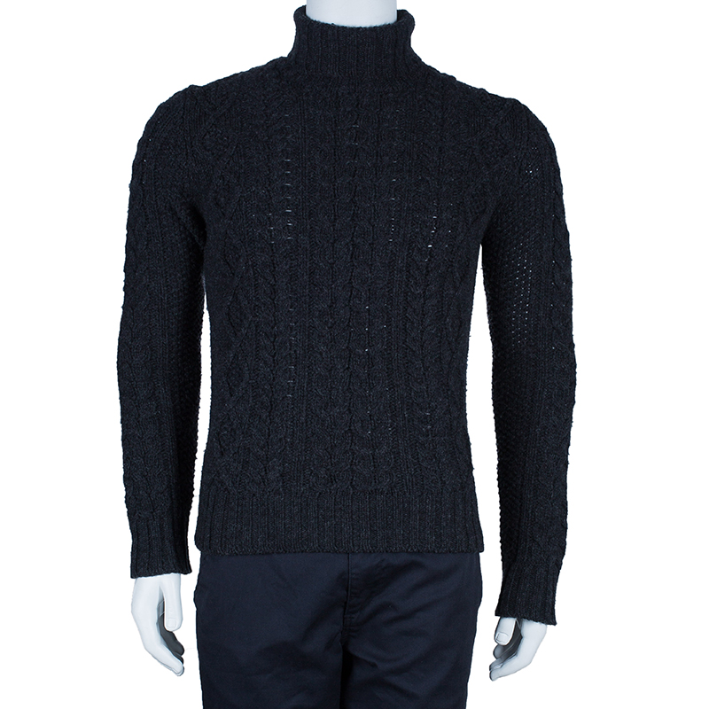 

Moncler Men's Grey Turtleneck Cable-knit Pullover