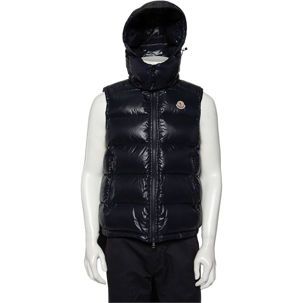

Moncler Midnight Blue Synthetic Quilted Sleeveless Hooded Lacet Gilet, Navy blue