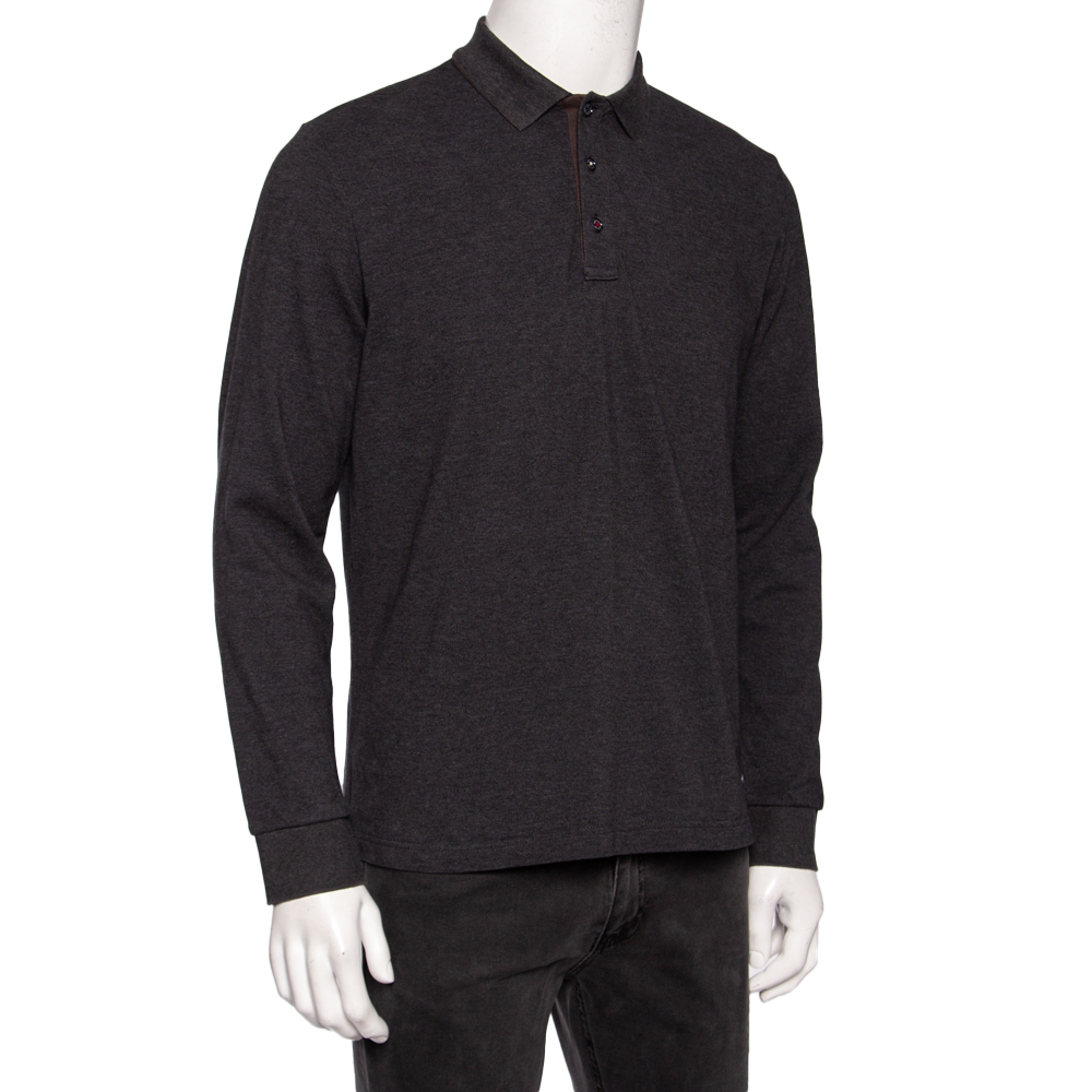 

Moncler Grey Cotton Pique Long Sleeve Polo T-Shirt