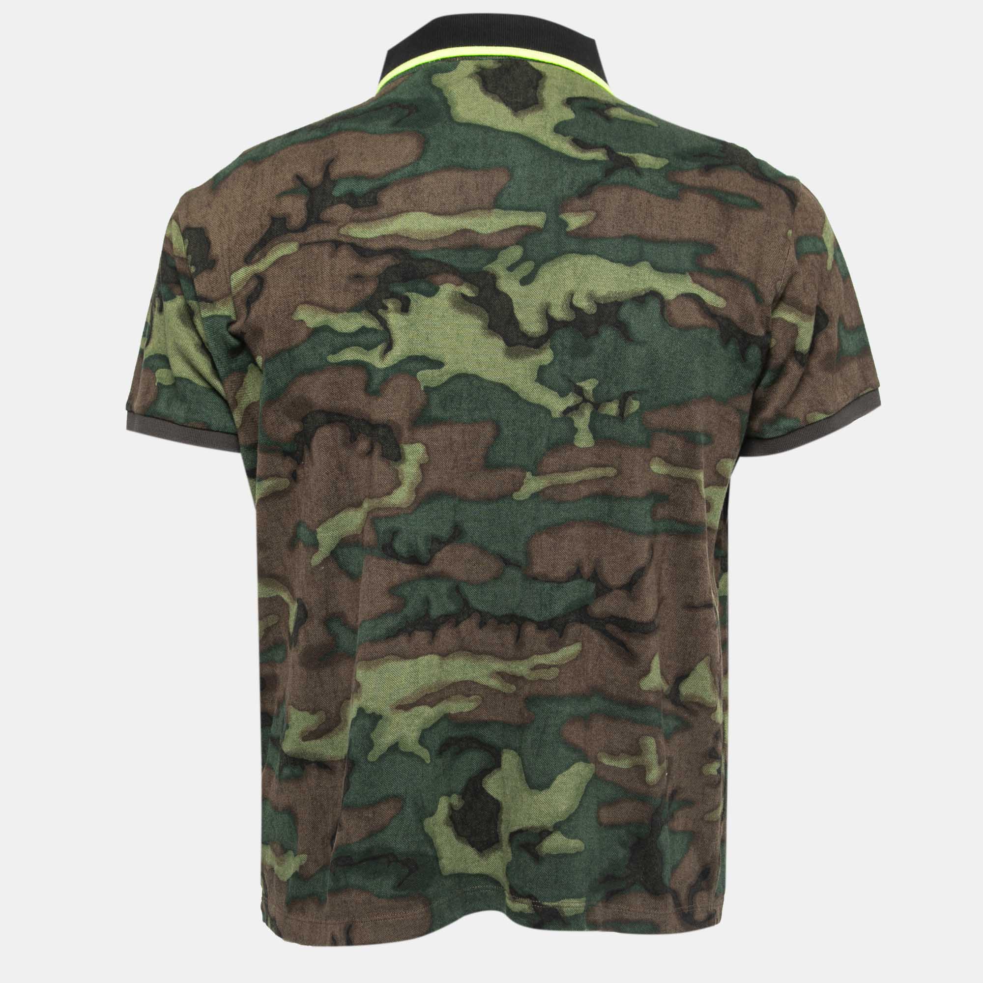 

Moncler Green Camouflage Print Cotton Polo T-Shirt