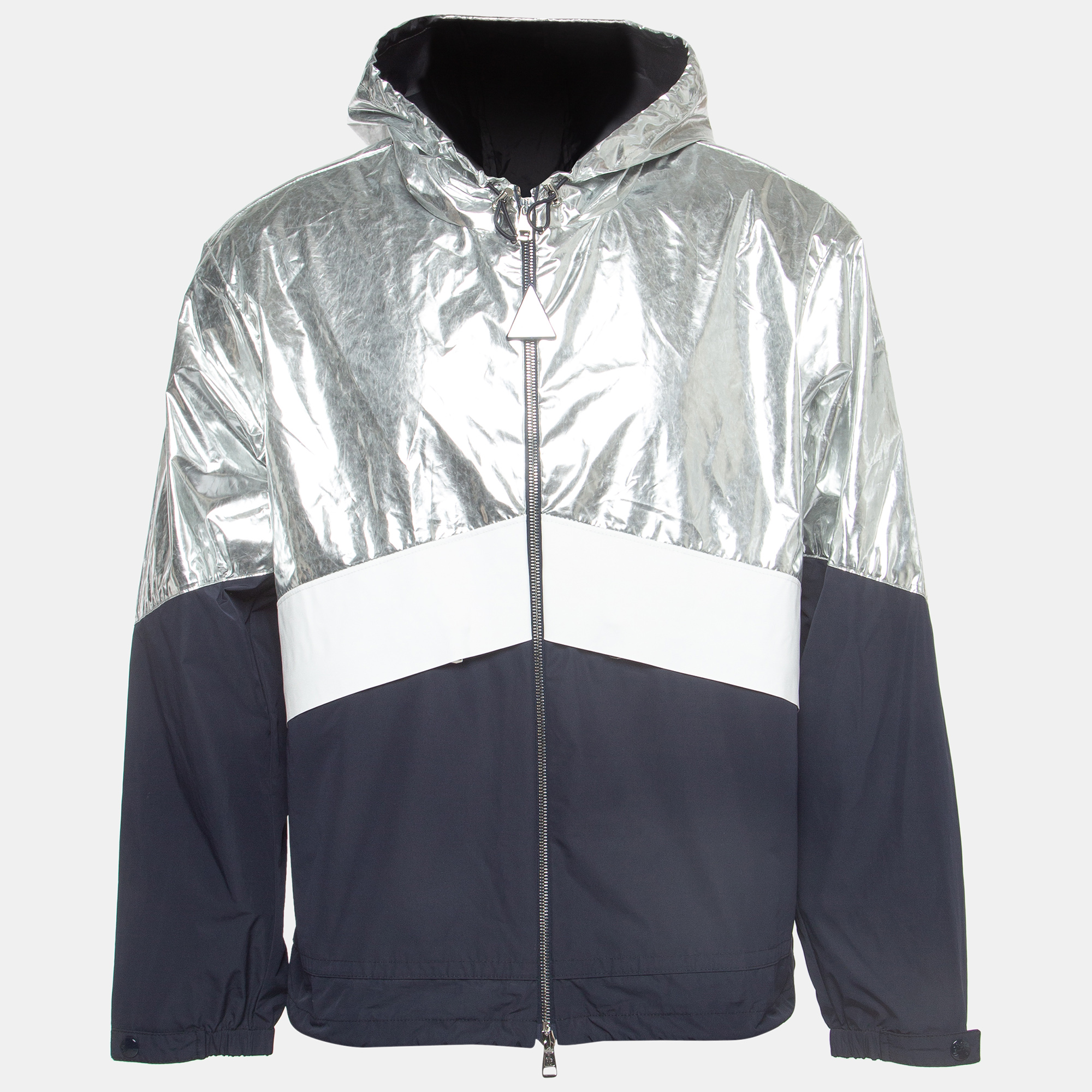 Pre-owned Moncler Silver/navy Blue Synthetic Quinic Hooded Jacket L