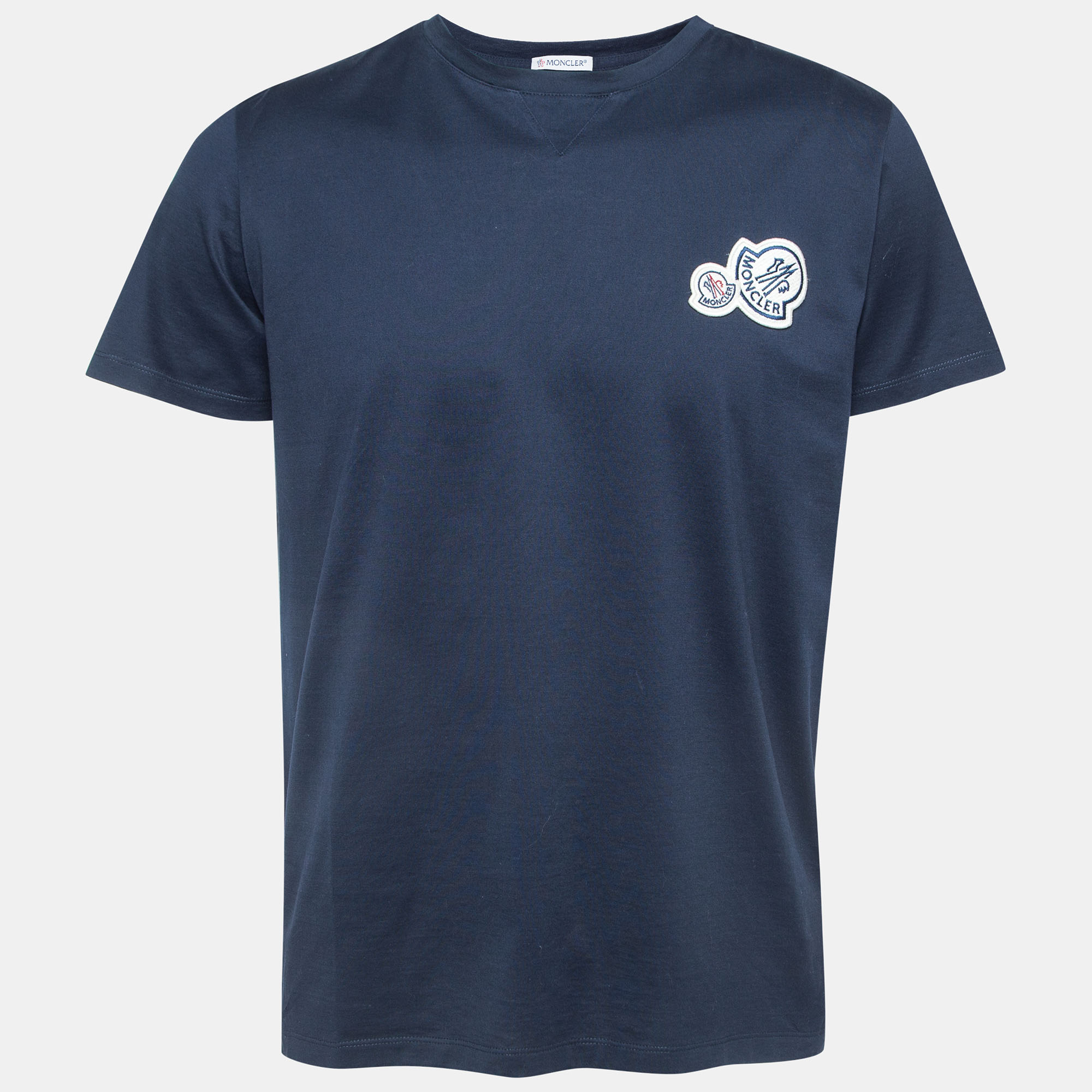 Pre-owned Moncler Navy Blue Double Logo Applique Cotton Crew Neck T-shirt L