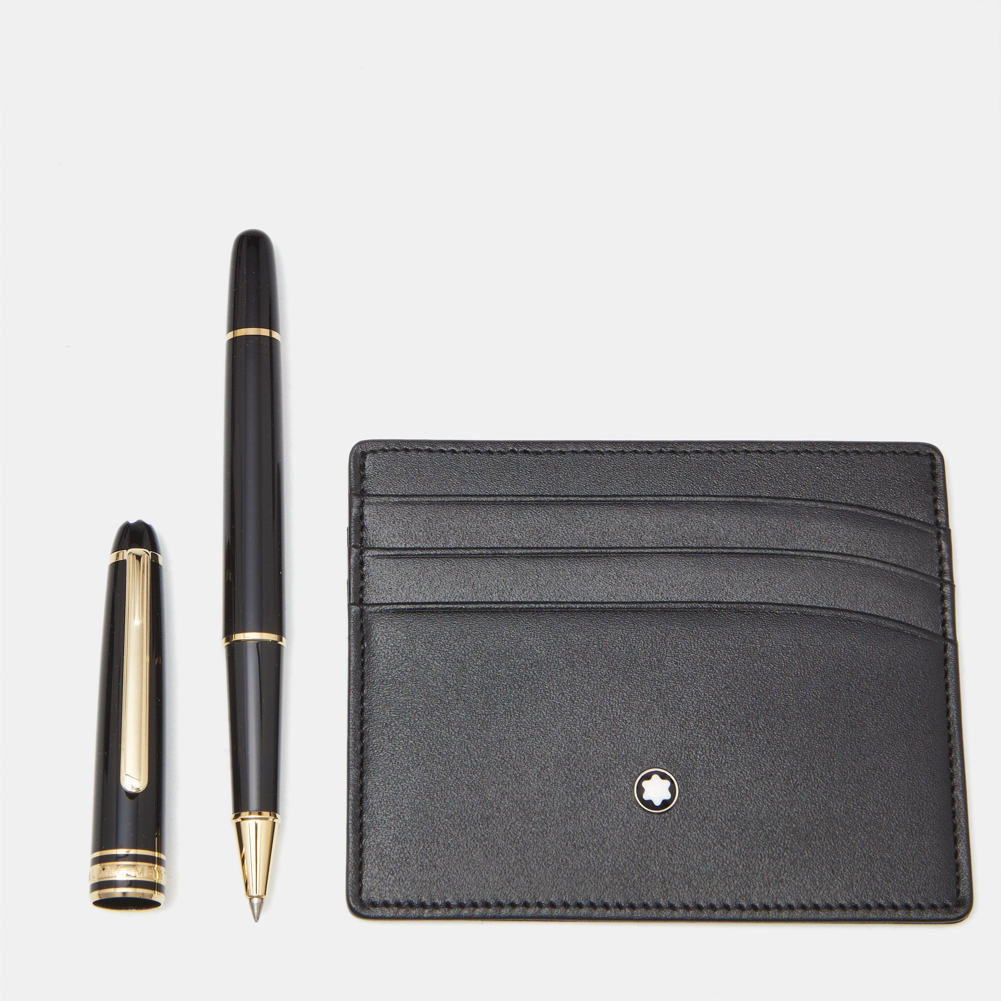 

Montblanc Black Meisterstuck Classique Resin Leather Gold Tone Pen Card Holder Set