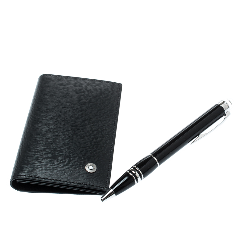 Pre Owned Montblanc Black StarWalker Resin Silver Tone Ballpoint Pen & Westside Business Card Holder Set