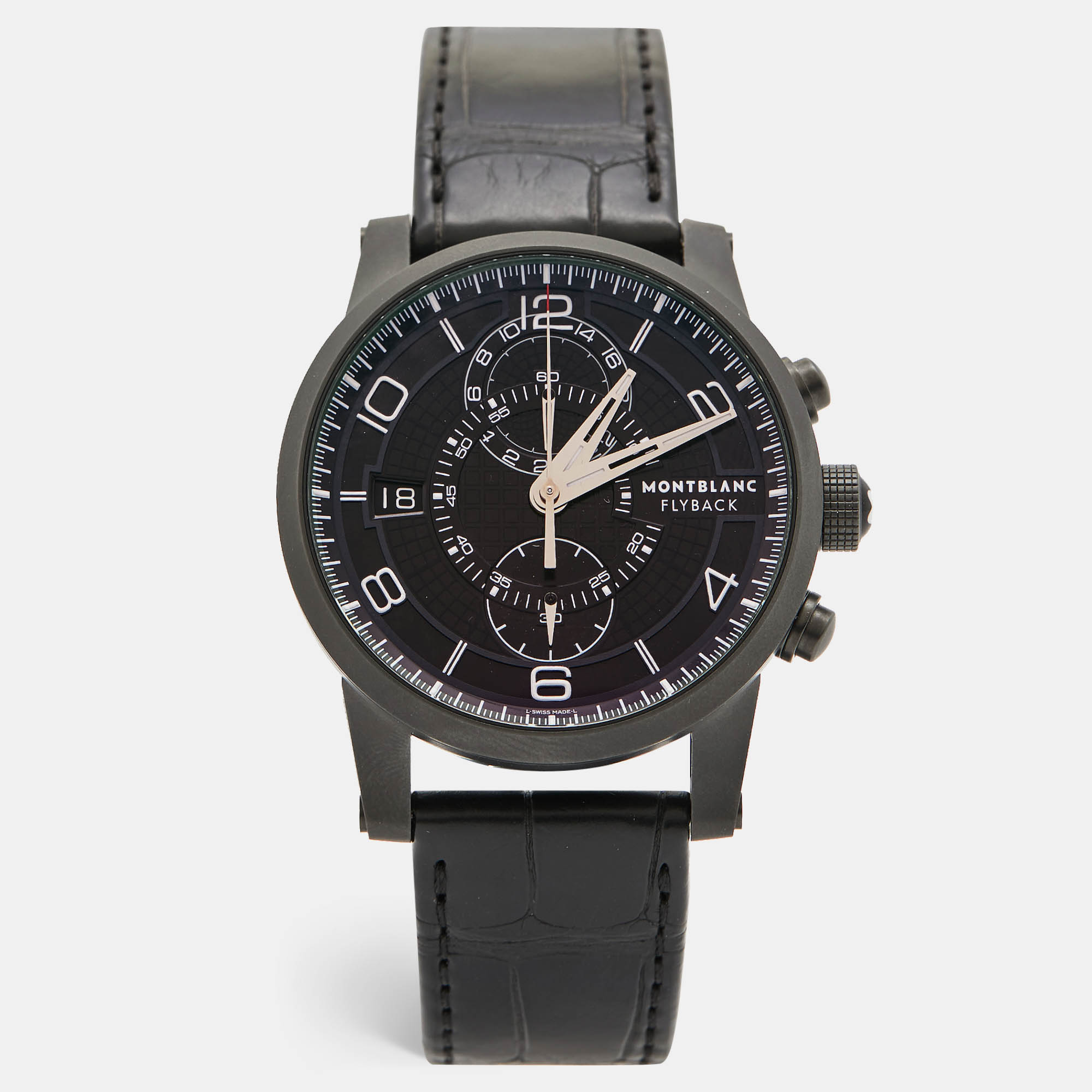 Pre-owned Montblanc Black Pvd Coated Titanium Leather Timewalker Twinfly 106507 Limited Edition Men's Wristwatch 43 Mm