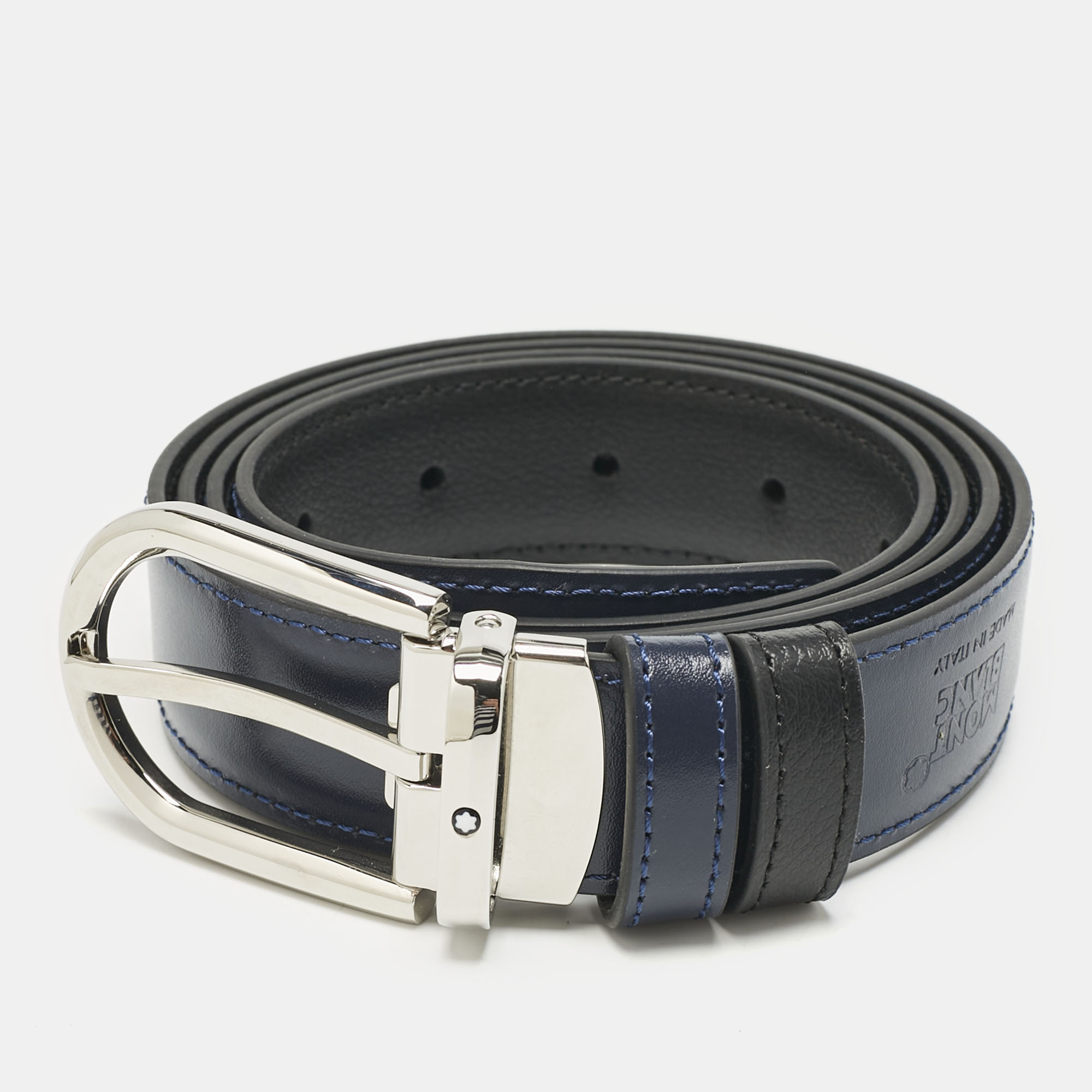 

Montblanc Black/Navy Blue Leather Cut to Size Reversible Buckle Belt