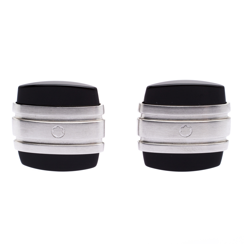 Pre Owned Montblanc Iconic Black Onyx Stainless Steel Cufflinks