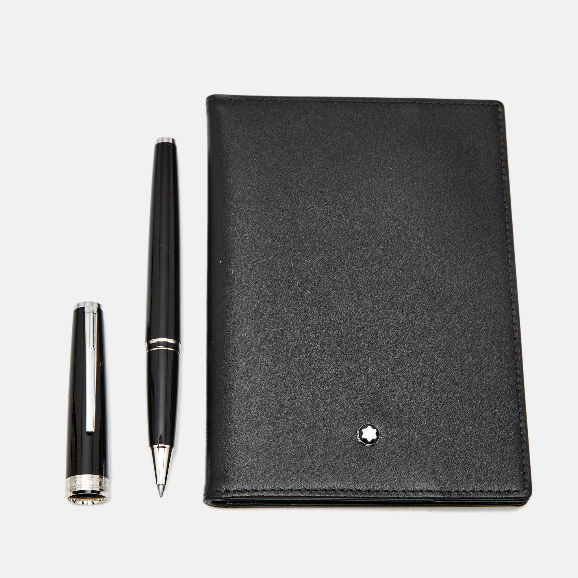 

Montblanc Resin Leather Silver Tone Passport Cover and Pen Set