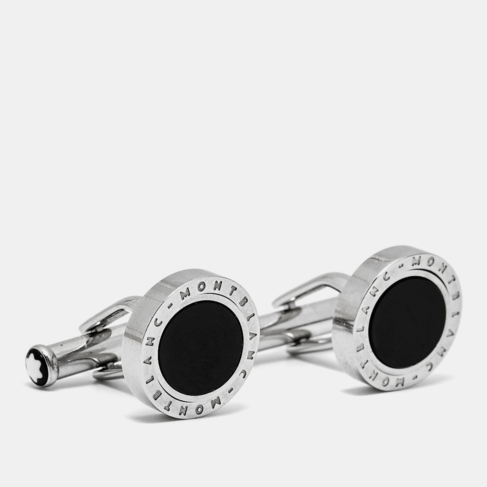 Pre-owned Montblanc Onyx Rotating Stainless Steel Cufflinks In Black