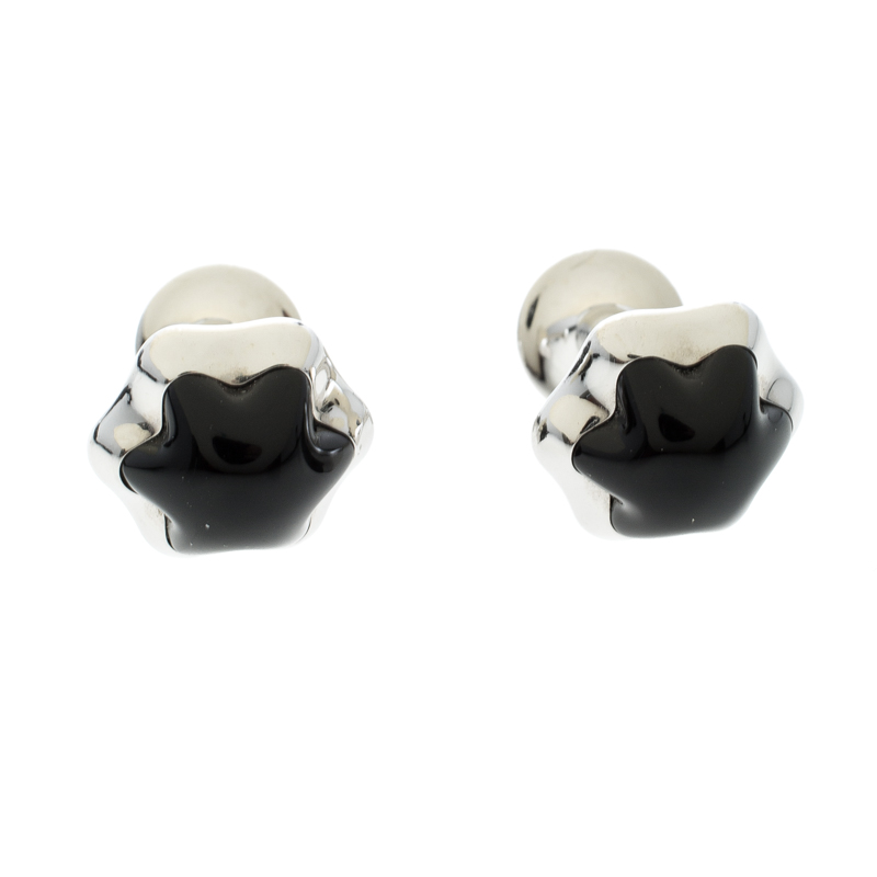 Pre Owned Montblanc Onyx Inlay Stainless Steel Star Cufflinks