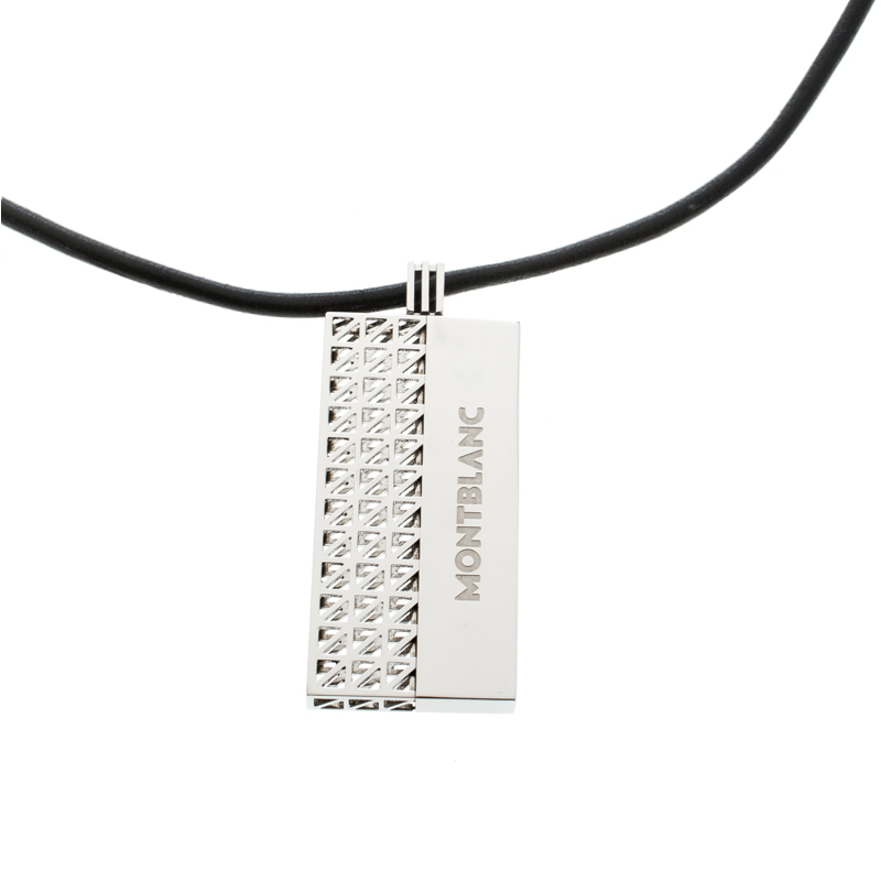 Pre Owned Montblanc Graphic Tag Steel Pendant & Leather Cord Neckpiece