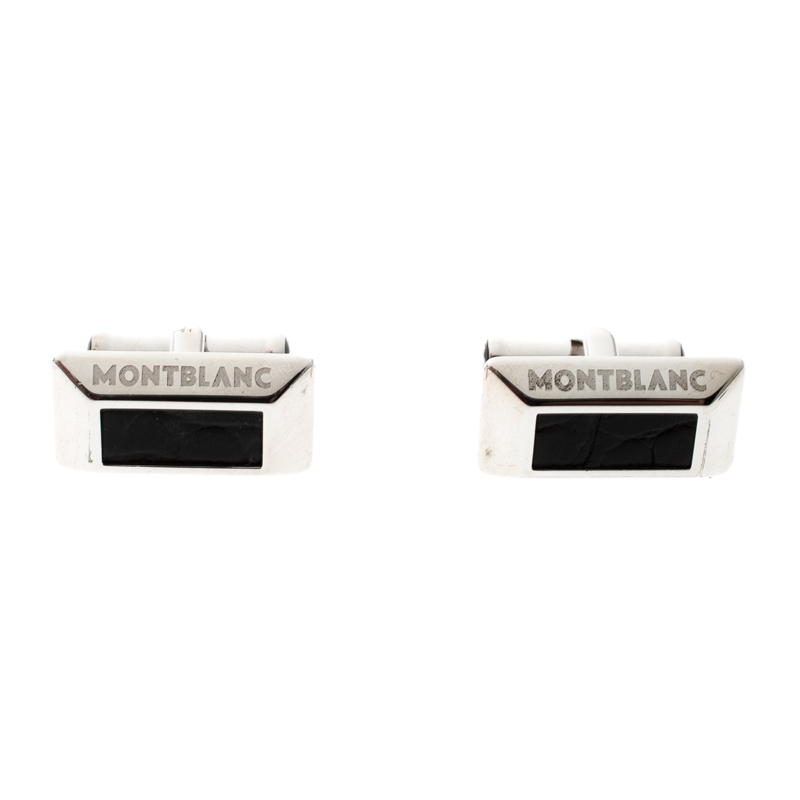 Pre Owned Montblanc Black Leather Silver Rectangular Cufflinks