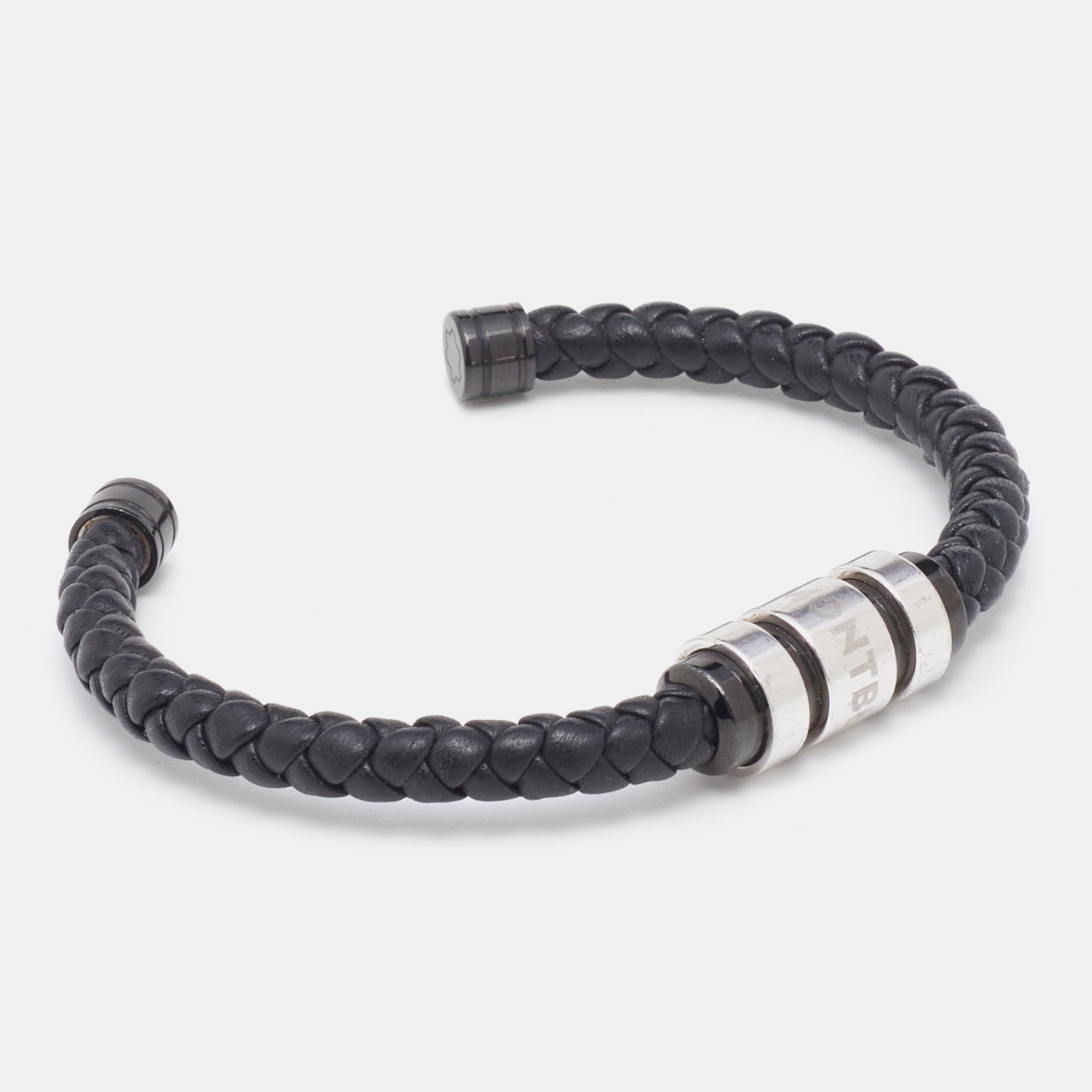 

Montblanc Silver Leather Braided Open Cuff Bracelet, Black